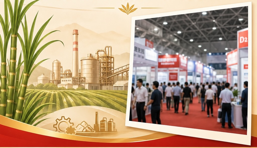 Sugar industry exhibition hall with international visitors and equipment displays