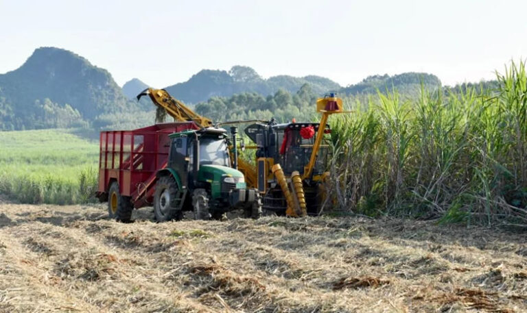 Map and data chart showing Guangxi sugarcane planting areas and mechanization rates in China