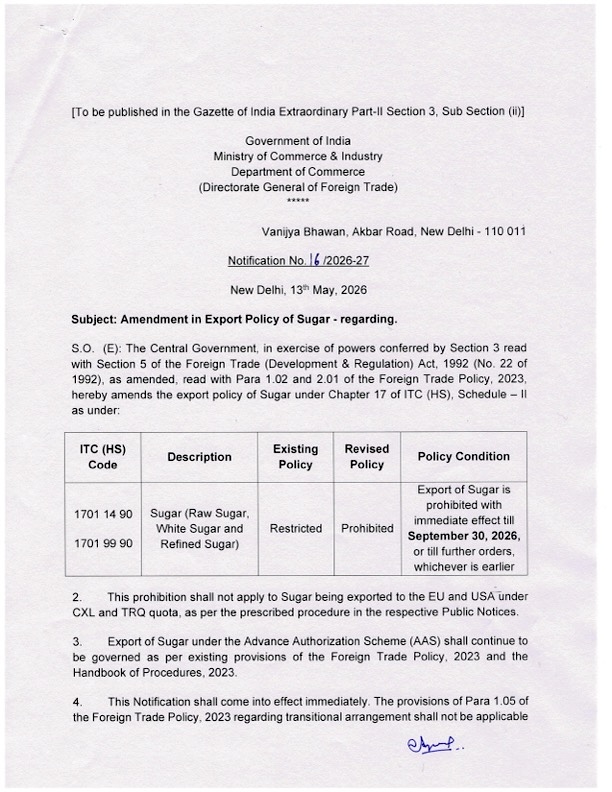India Sugar Export Ban 2026 Notification Analysis