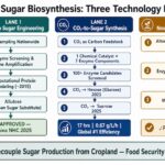 Flowchart showcasing the TIB Sugar Biosynthesis Technology Pathways, broken down into Lane 1 Rare Sugar Engineering, Lane 2 CO2-to-Sugar Synthesis, and Lane 3 Novel Feedstock Conversion