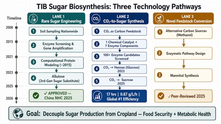 Flowchart showcasing the TIB Sugar Biosynthesis Technology Pathways, broken down into Lane 1 Rare Sugar Engineering, Lane 2 CO2-to-Sugar Synthesis, and Lane 3 Novel Feedstock Conversion
