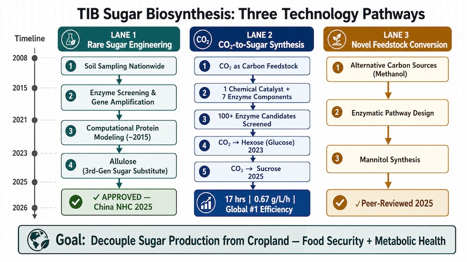 Flowchart showcasing the TIB Sugar Biosynthesis Technology Pathways, broken down into Lane 1 Rare Sugar Engineering, Lane 2 CO2-to-Sugar Synthesis, and Lane 3 Novel Feedstock Conversion