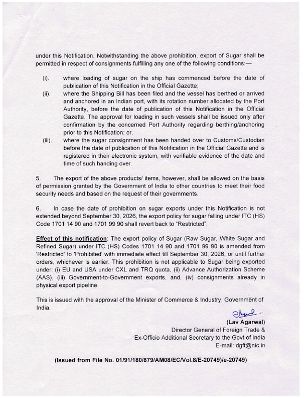 India Sugar Export Ban 2026 Notification Analysis