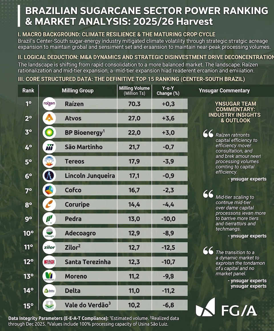 Brazil sugarcane harvest top 15 groups ranking