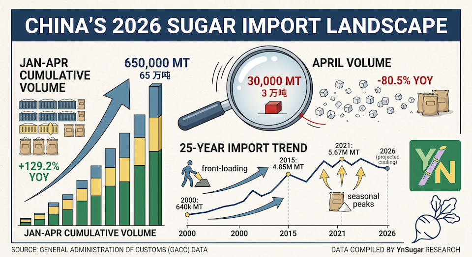 Infographic of China sugar imports 2026 highlighting the sharp drop in April volume to 30,000 MT and Q1 front-loading.