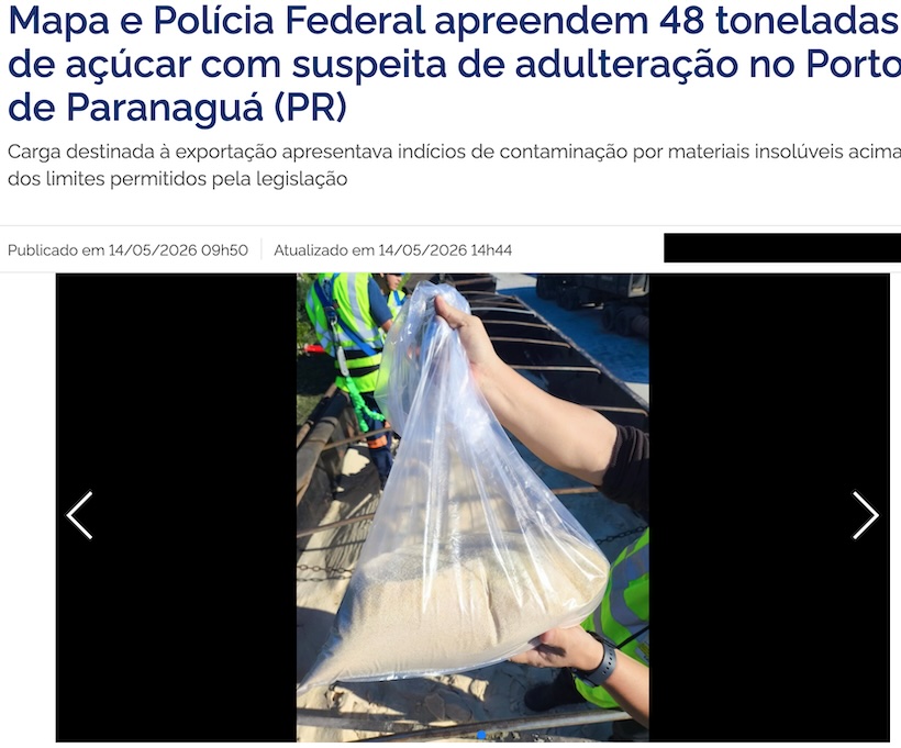 MAPA official statement on sugar adulteration at Port of Paranaguá