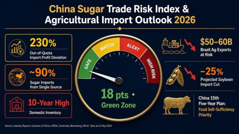 Infographic of China's Domestic Sugar Trade Risk Index Model showing the four-tier traffic light warning system and core evaluation dimensions