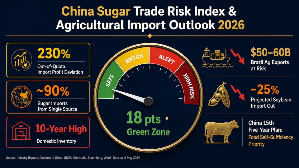 Infographic of China's Domestic Sugar Trade Risk Index Model showing the four-tier traffic light warning system and core evaluation dimensions