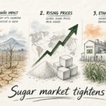 Infographic for global sugar market outlook 2026 showing production deficits in Brazil, India, and Thailand.