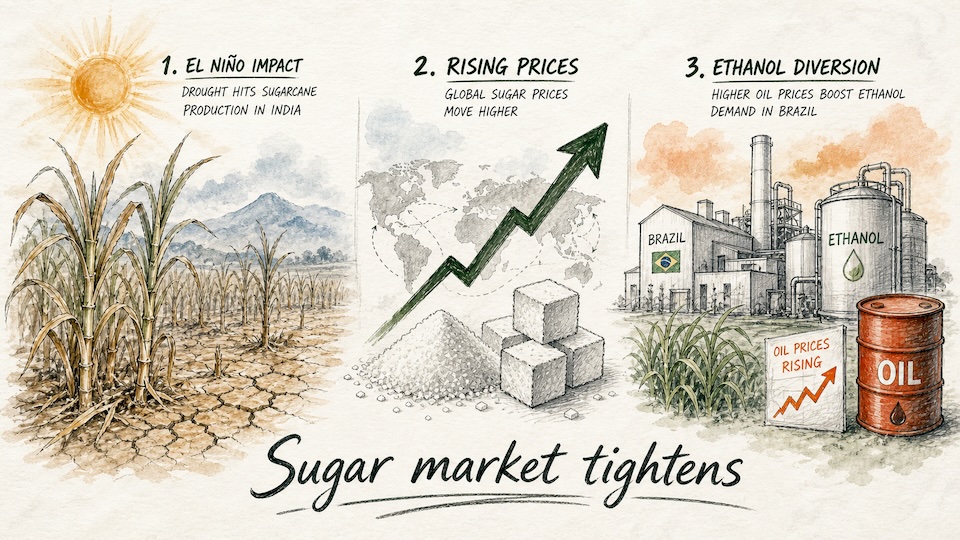 Infographic for global sugar market outlook 2026 showing production deficits in Brazil, India, and Thailand.