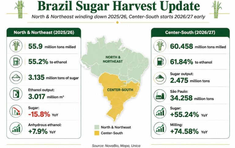 Brazil sugarcane trends and production data chart for 2025/26 and 2026/27 seasons