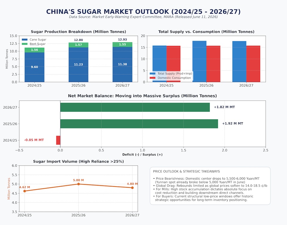 Infographic of China's sugar market outlook from 2024 to 2027, illustrating cane sugar production growth, import volumes, and the structural shift from deficit to surplus based on MARA data