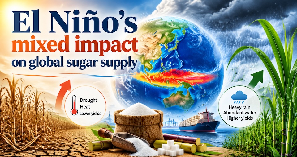 El Niño global sugar outlook 2026/27 conceptual artwork showing weather risks and sugar supply