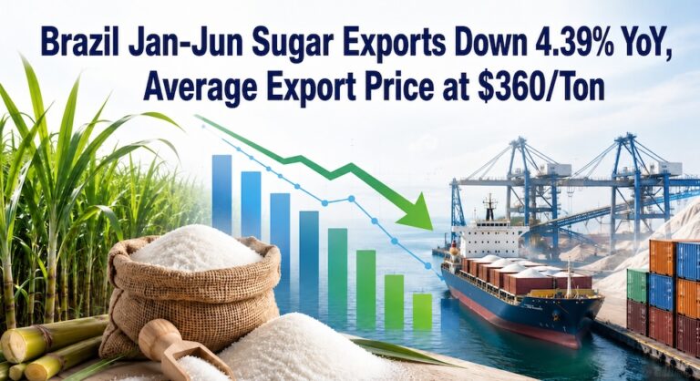 Brazil sugar export decline chart with cargo ship, sugarcane, and sugar bags, Jan-Jun 2026 down 4.39%