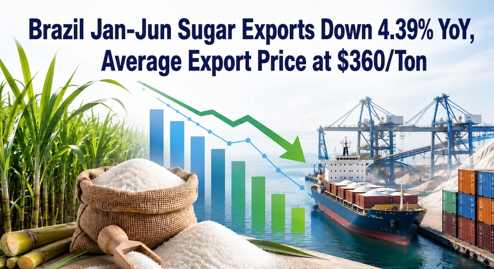 Brazil sugar export decline chart with cargo ship, sugarcane, and sugar bags, Jan-Jun 2026 down 4.39%