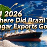 Bar chart showing top destination countries for Brazil sugar exports in H1 2026 including India, Saudi Arabia, and China
