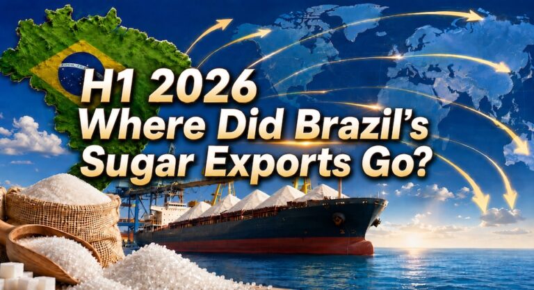 Bar chart showing top destination countries for Brazil sugar exports in H1 2026 including India, Saudi Arabia, and China