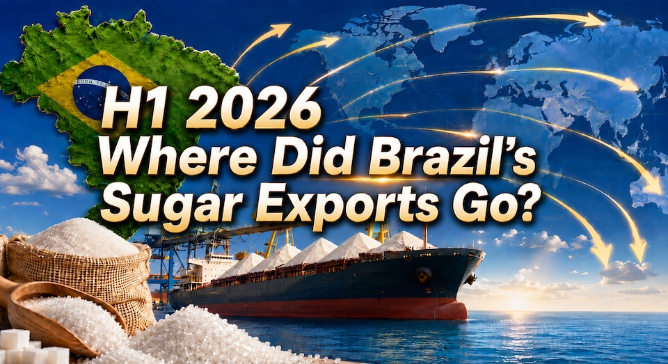Bar chart showing top destination countries for Brazil sugar exports in H1 2026 including India, Saudi Arabia, and China