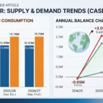 China sugar balance sheet chart showing production, consumption, and surplus forecast from 2024/25 to 2026/27 CASDE