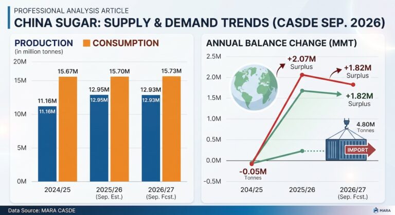 China sugar balance sheet chart showing production, consumption, and surplus forecast from 2024/25 to 2026/27 CASDE