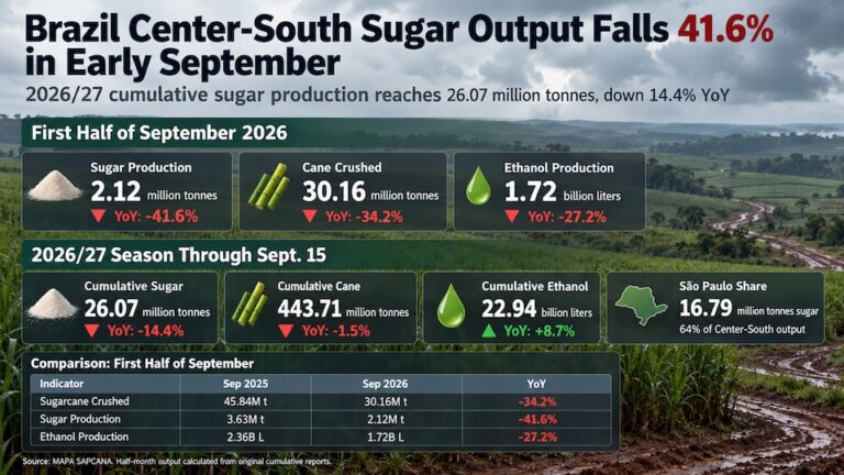 Brazil sugar production falls 41.6% in early September 2026