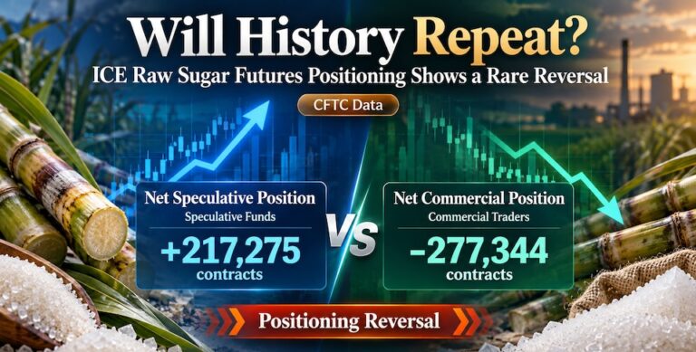 ICE raw sugar futures positioning reversal in October 2026, showing speculative net longs of 217,275 contracts versus commercial net shorts of 277,344 contracts, based on CFTC data.